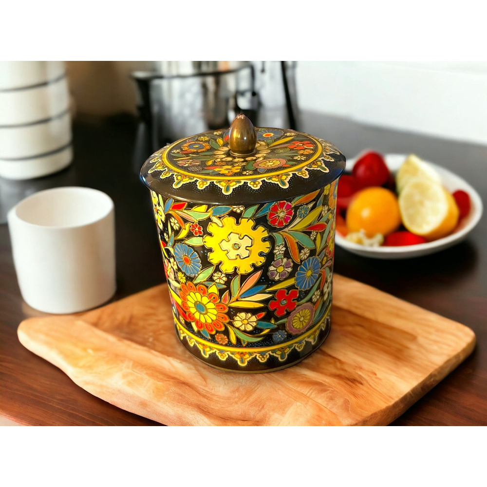 MCM Daher Vintage Stamped Floral Enamel Lidded Canister Midcentury Modern Decor - Picture 10 of 10